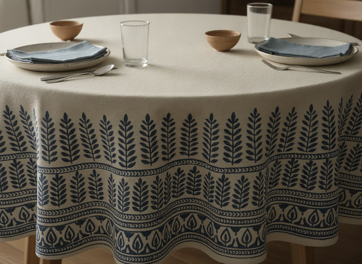 A round table under an oatmeal tablecloth whose entire hanging drop is filled with stacked bands of navy block-printed fern and tulip motifs, while the tabletop itself is left completely plain, laid with two settings of stoneware plates, blue folded napkins and terracotta bowls