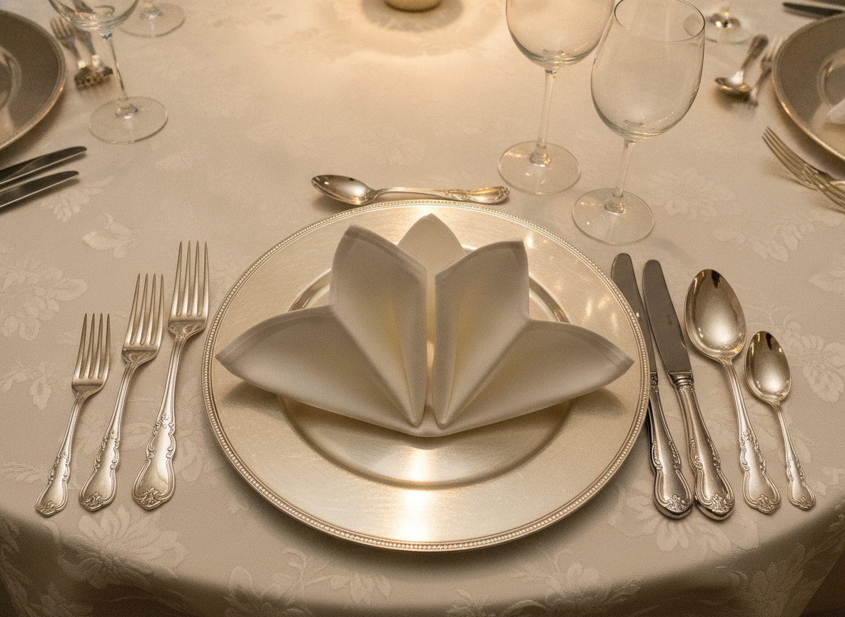 A close-up of one formal place setting on an ivory damask tablecloth whose tone-on-tone woven floral shows only where the warm light rakes across it, with a fan-folded napkin on a gold charger plate, silver cutlery and two wine glasses