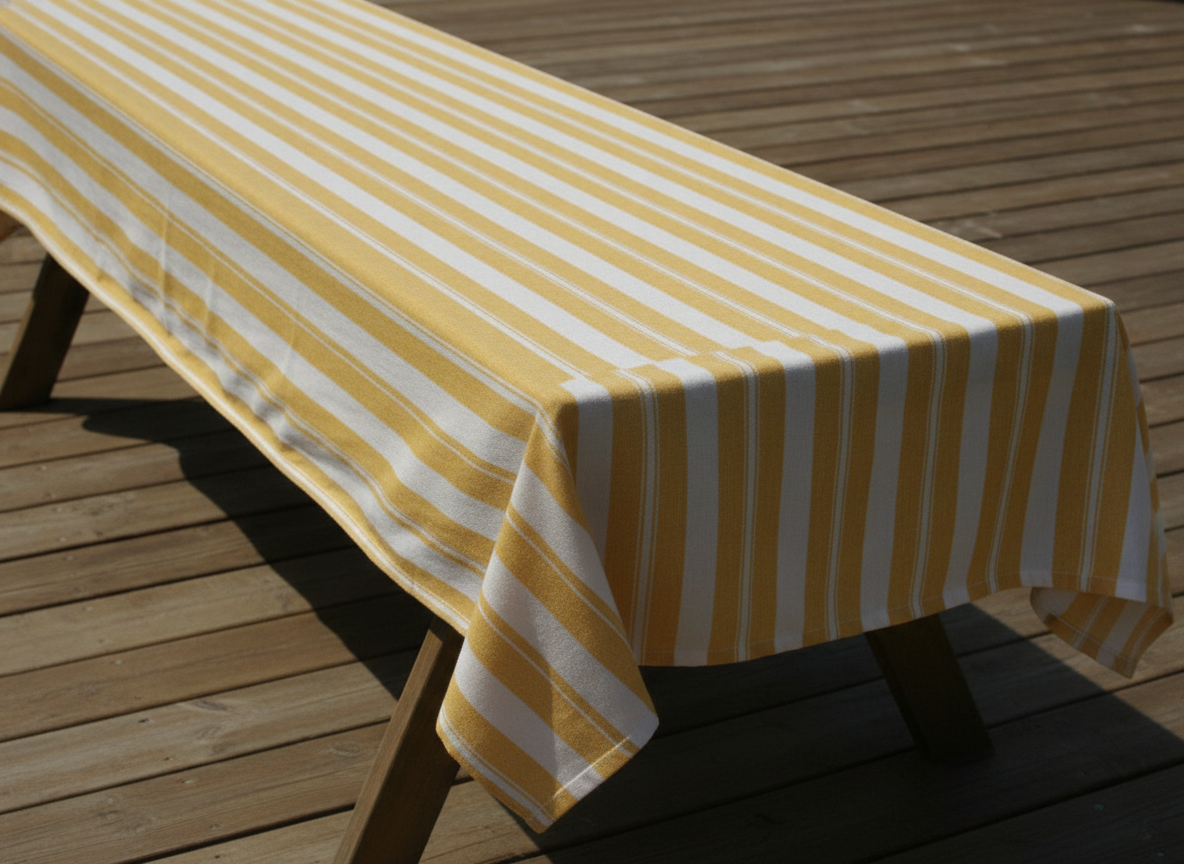 A long wooden trestle table outdoors on a deck under a yellow and white striped cotton tablecloth laid bare with nothing on it, the stripes running the length of the table and continuing straight down the drop and over the end in strong sunlight