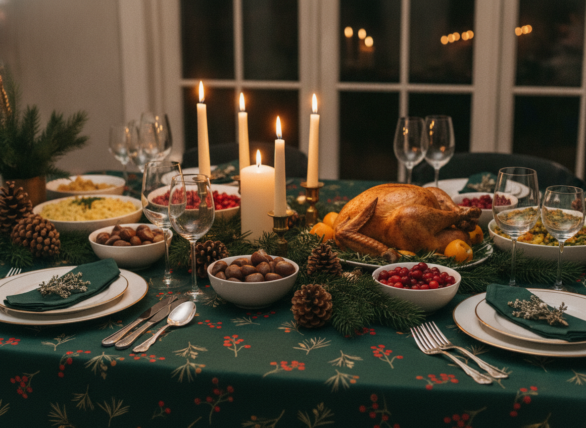 A festive table under a deep green tablecloth printed with small gold pine sprigs and scattered red berries, almost entirely covered by a roast bird, bowls of cranberries and chestnuts, lit candles, pinecones and greenery, with only the outer margin of the pattern still visible near the place settings