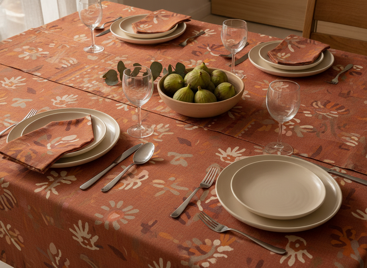A table laid for four under a terracotta tablecloth with a cream and sage abstract floral, matching folded napkins on each plate and a narrow coordinating runner crossing the centre, with a bowl of figs and eucalyptus sprigs in the middle