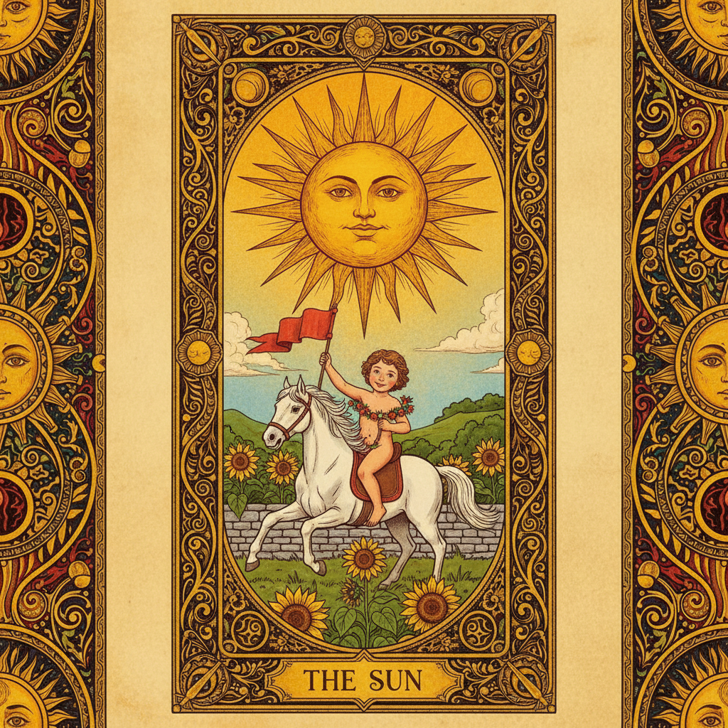 AI tarot card generator result showing an ornate The Sun tarot card with a radiant golden sun, sunflowers, and a decorative gold border with perfectly rendered text