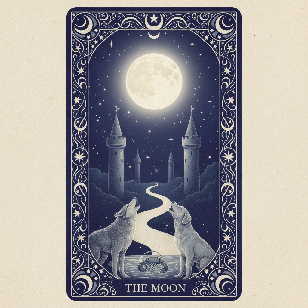 AI tarot card generator result showing a mystical The Moon tarot card with a glowing full moon, two towers, and an ornate celestial star border in indigo and silver