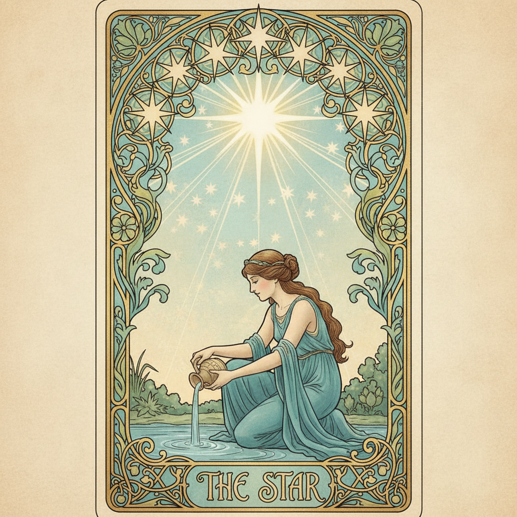 AI tarot card generator result showing an elegant art nouveau The Star tarot card with a robed woman beside a pool under a starry sky in teal and gold tones