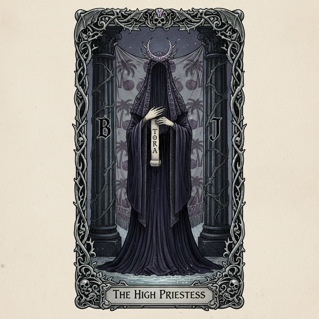 AI tarot card generator result showing a gothic The High Priestess tarot card with a veiled figure between two pillars and an intricate silver filigree border