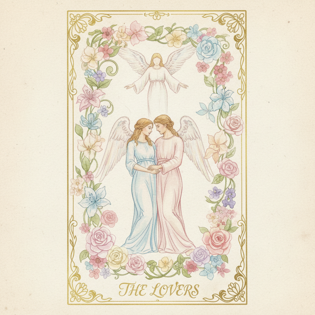 AI tarot card generator result showing a romantic watercolor The Lovers tarot card with two figures, an angel, blooming flowers, and a delicate gold border