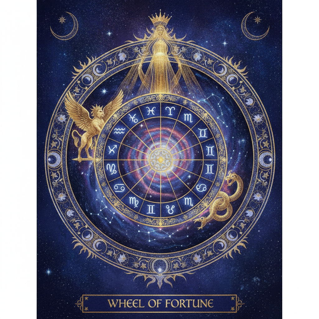 AI tarot card generator result showing a cosmic Wheel of Fortune tarot card with a glowing zodiac wheel, swirling galaxies, and an ornate mandala border