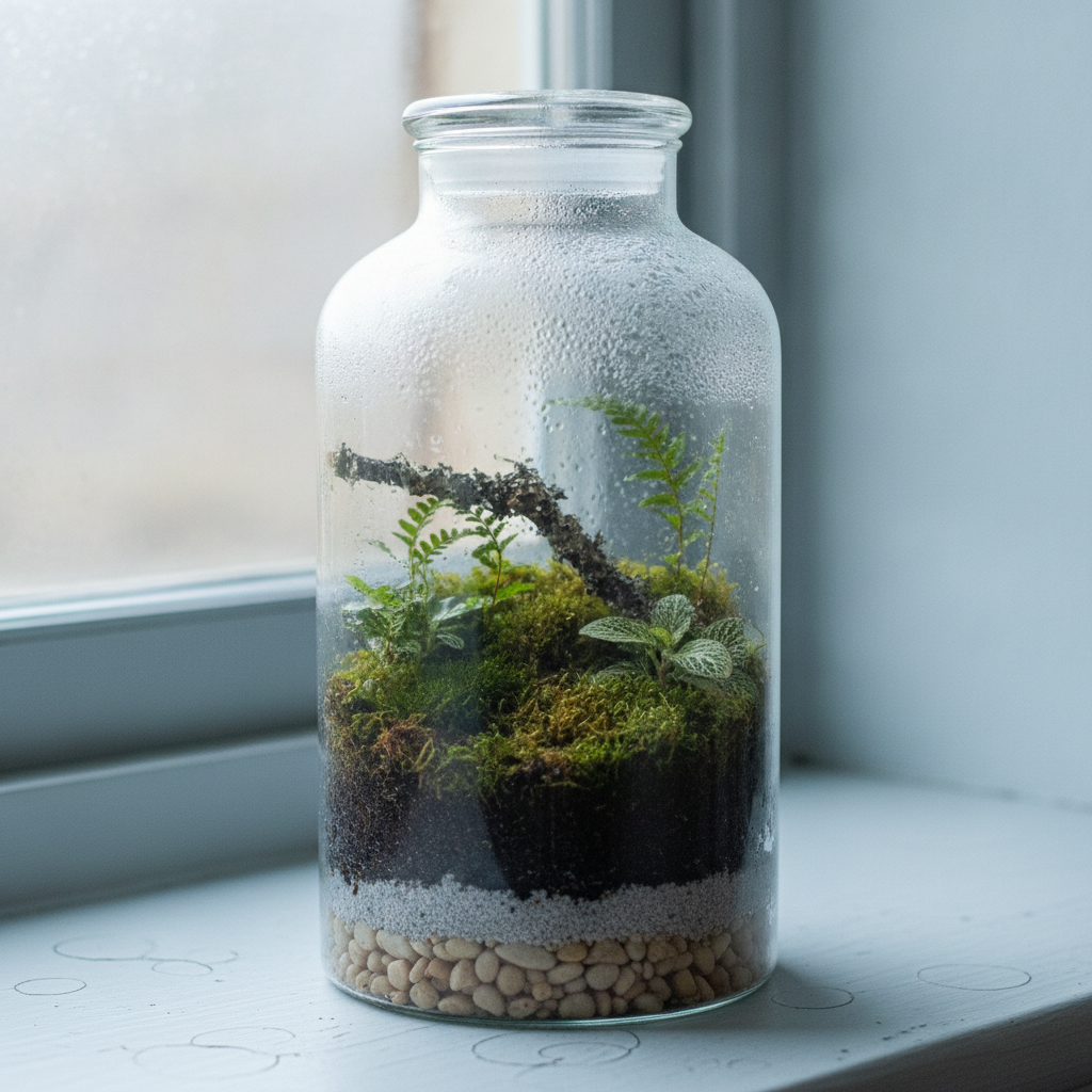 Closed glass apothecary jar terrarium planted with cushion moss, two small ferns and a lichen branch, condensation on the upper glass, on a pale windowsill