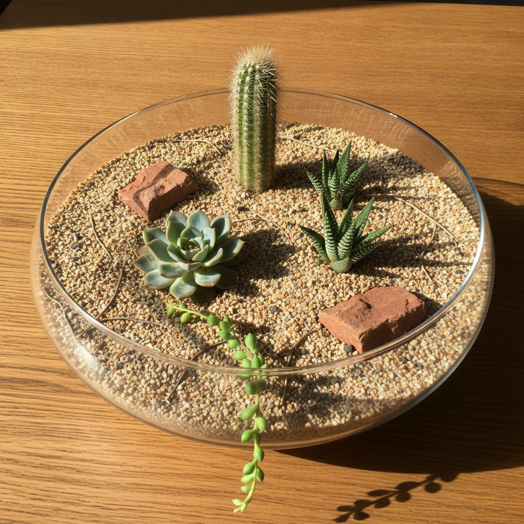 Open desert terrarium in a wide shallow glass bowl with an echeveria rosette, a column cactus, striped haworthia and a trailing string of pearls in pale sand