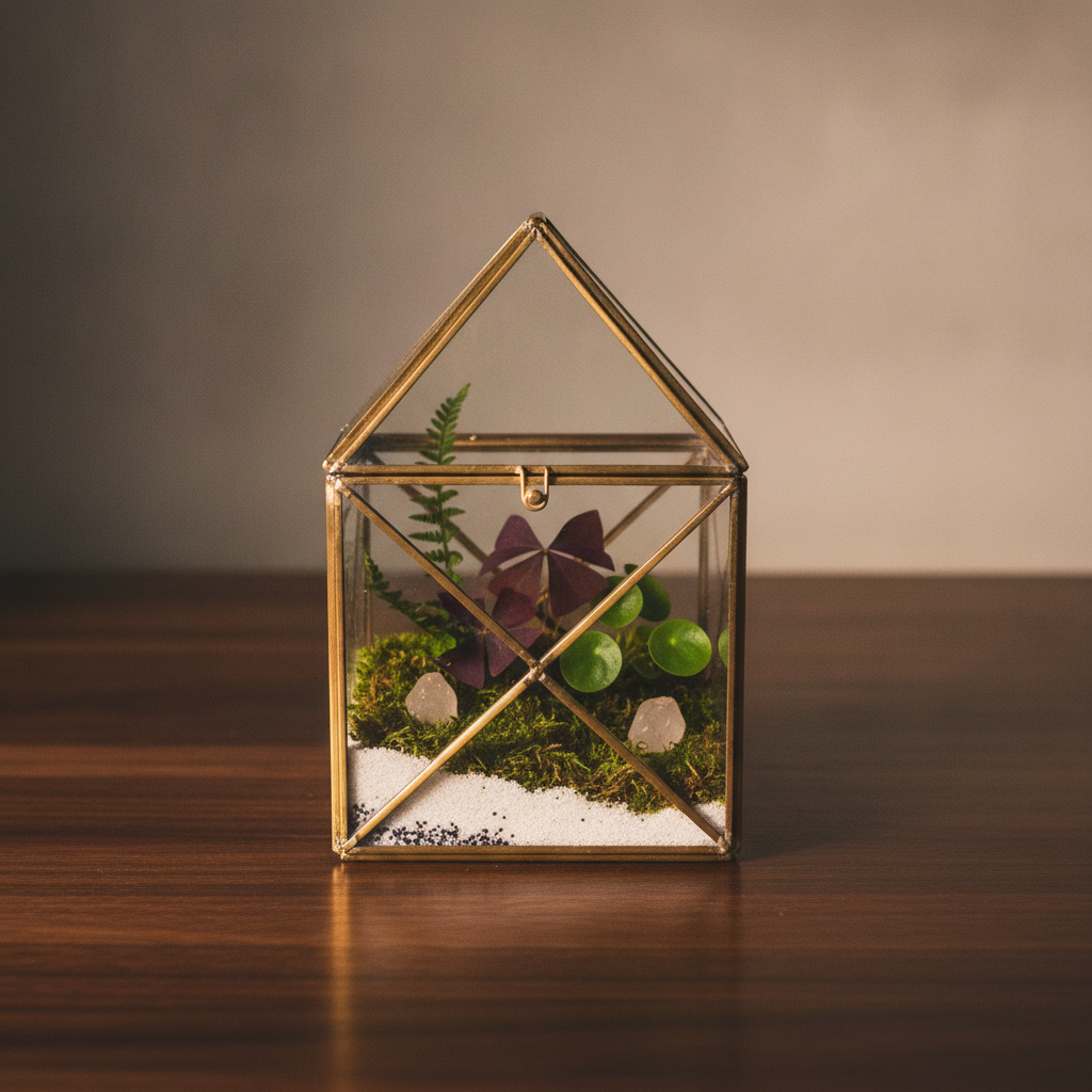 Brass-framed geometric glasshouse terrarium on a walnut desk planted with a fern, purple oxalis and a round-leaved peperomia over moss and white sand