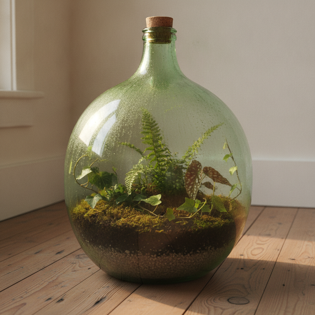 Large green glass demijohn bottle garden with a cork stopper, grown in with ferns, ivy and a spotted begonia, standing on bare pine floorboards
