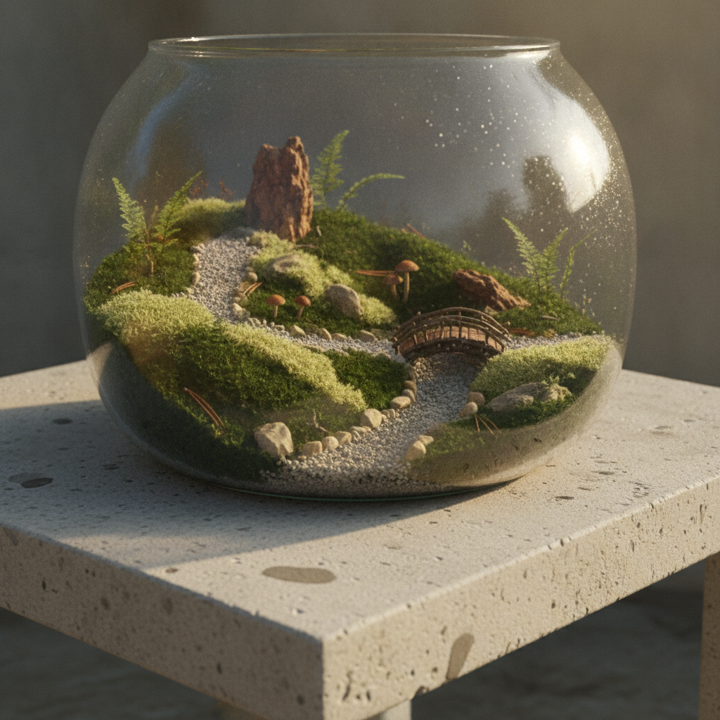 Miniature woodland scene inside a wide low glass jar with moss hills, a pebble path, a twig footbridge and tiny mushrooms, lit by low morning sun