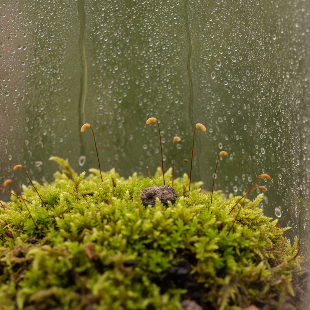 Macro photograph inside a terrarium showing moss spore stalks against the glass wall covered in condensation droplets