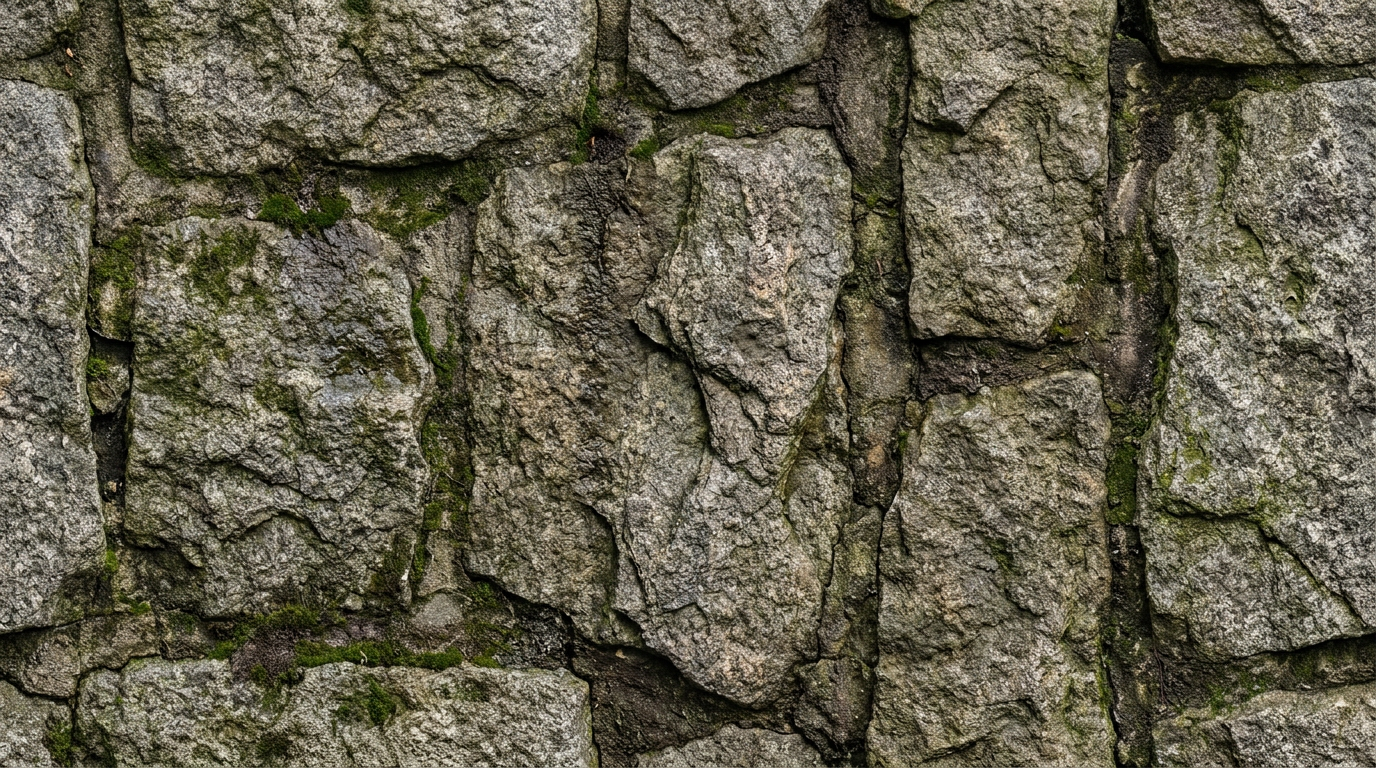 AI texture generation tool hero — seamless tileable rough stone wall texture, photorealistic 4K PBR material with weathered cracks and moss patches, ready for 3D rendering and game environments