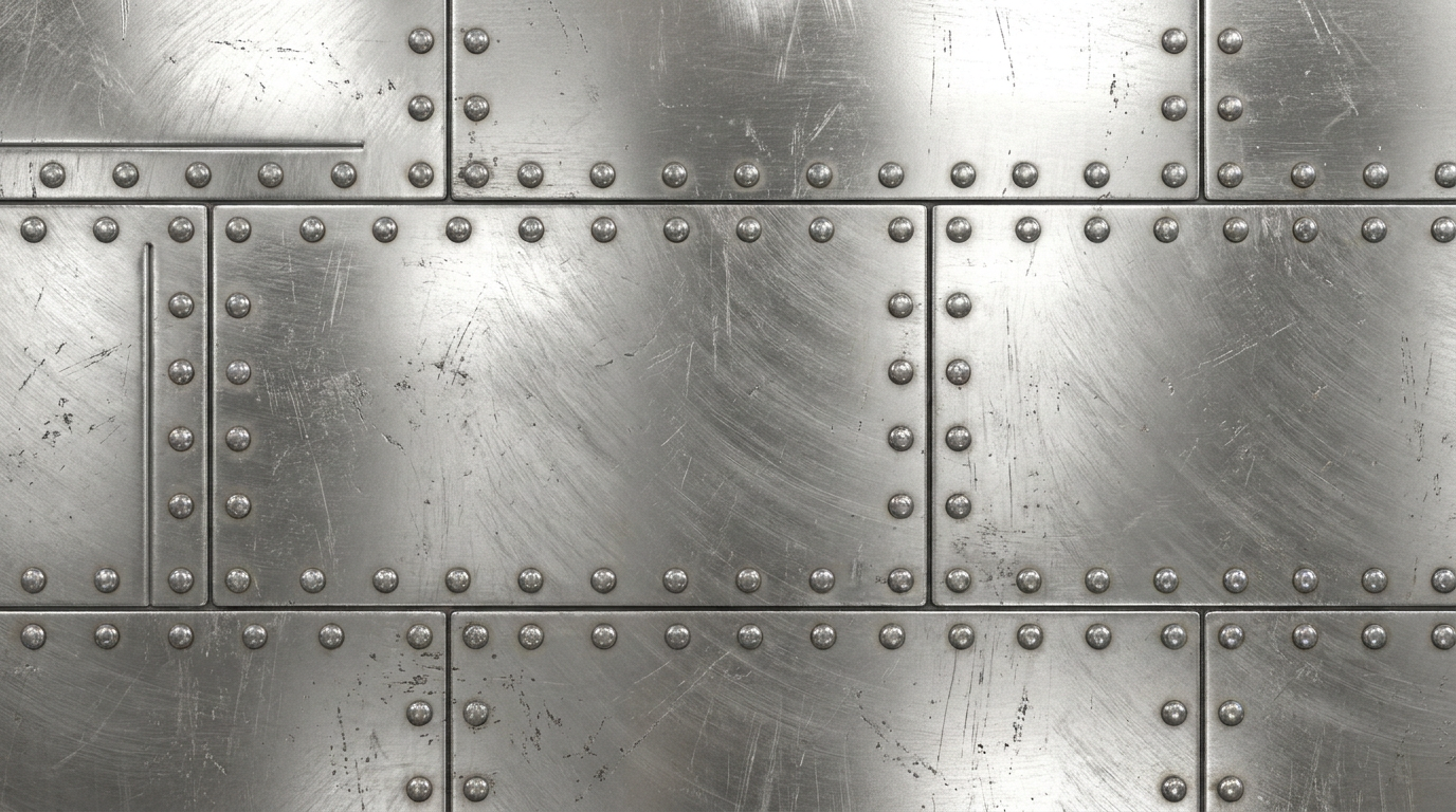 AI texture generation tool sci-fi metal — seamless brushed steel panel with rivets and weathered scratches, PBR material with metallic sheen, tileable surface for game asset and 3D rendering