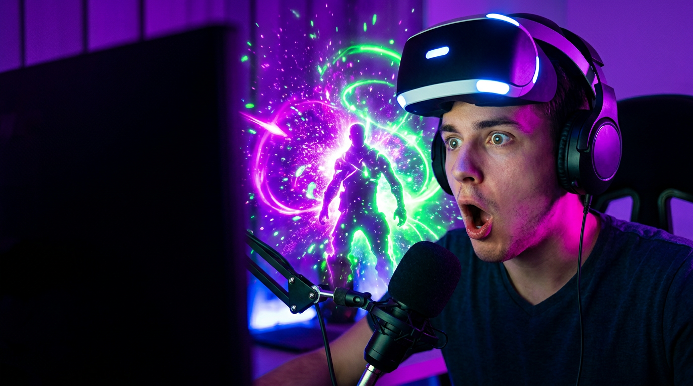 AI thumbnail generator — high-energy YouTube gaming thumbnail with a shocked gamer and neon explosion background in 4K
