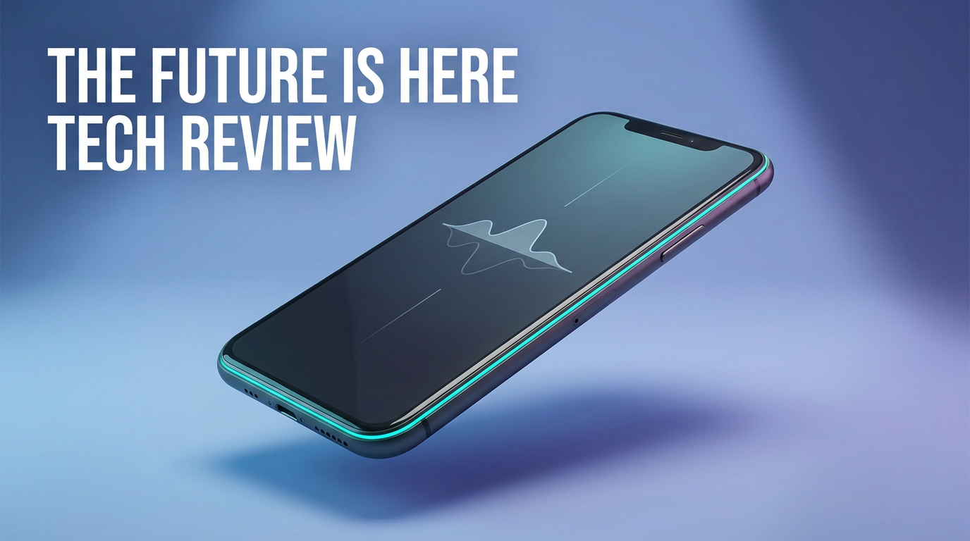 AI YouTube thumbnail maker — clean tech review thumbnail with a floating smartphone on a blue gradient