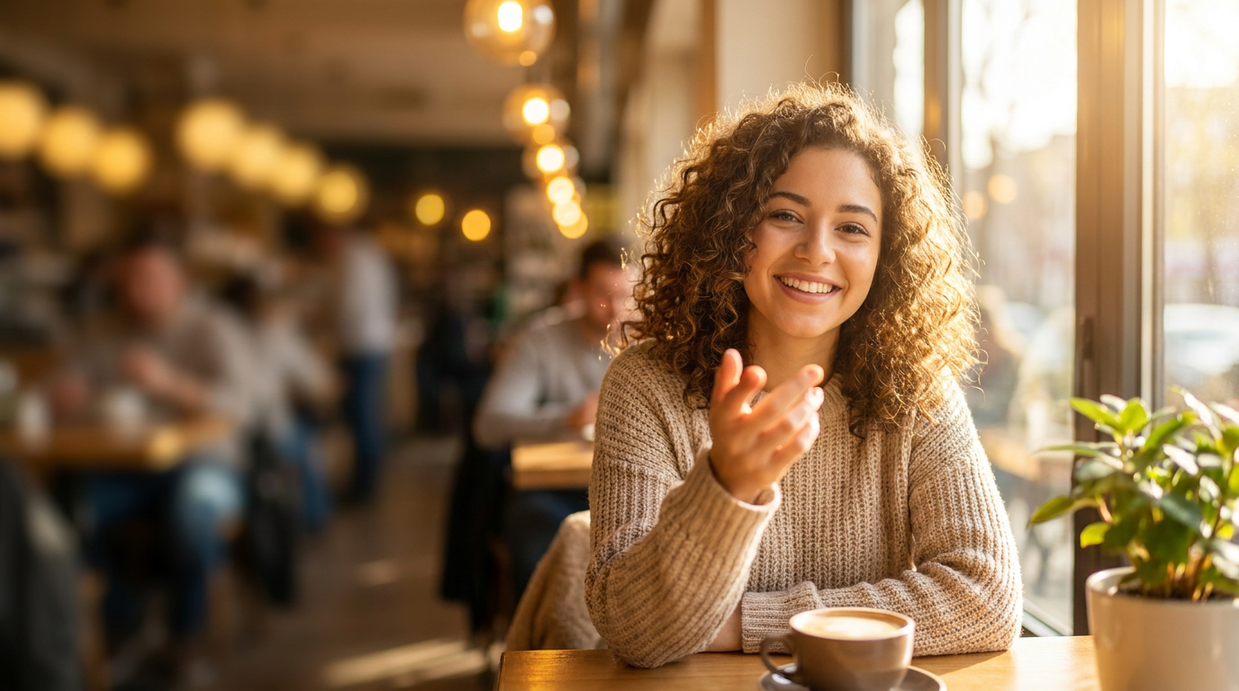 Thumbnail generator — bright lifestyle vlog thumbnail of a smiling creator pointing at the camera in a sunny cafe