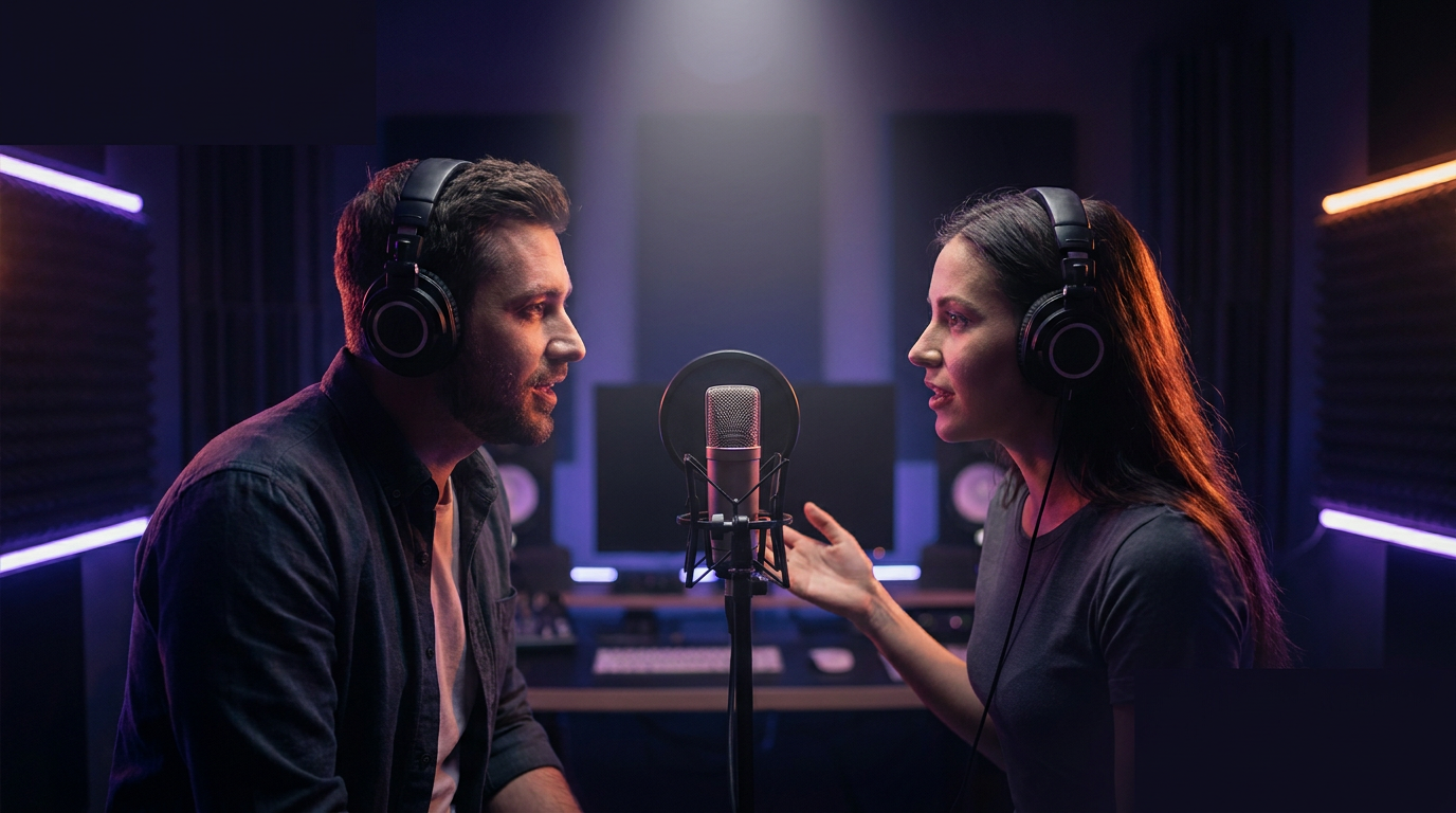 AI thumbnail generator — moody podcast thumbnail of two hosts at a studio microphone under purple rim lighting