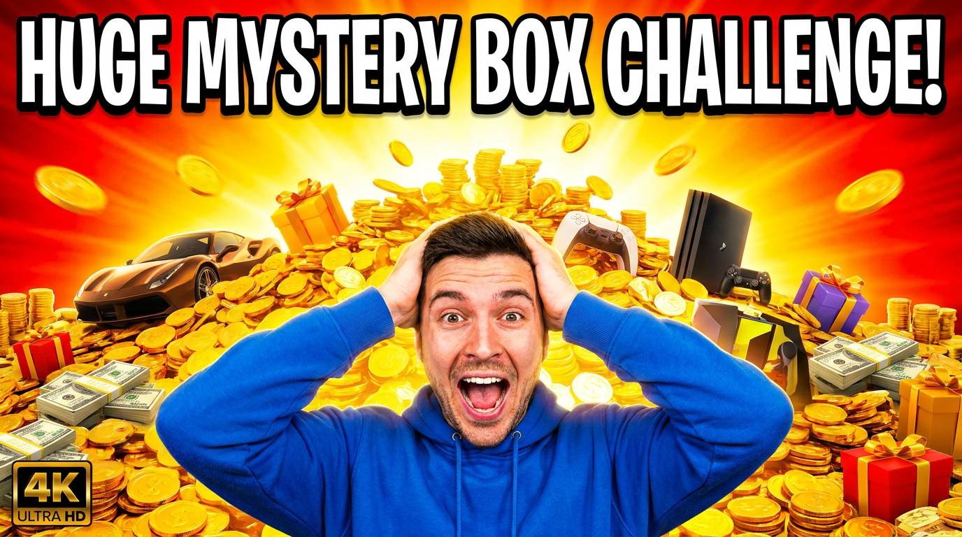 AI thumbnail maker — hyper-saturated challenge thumbnail with a surprised face and a pile of cash exploding behind