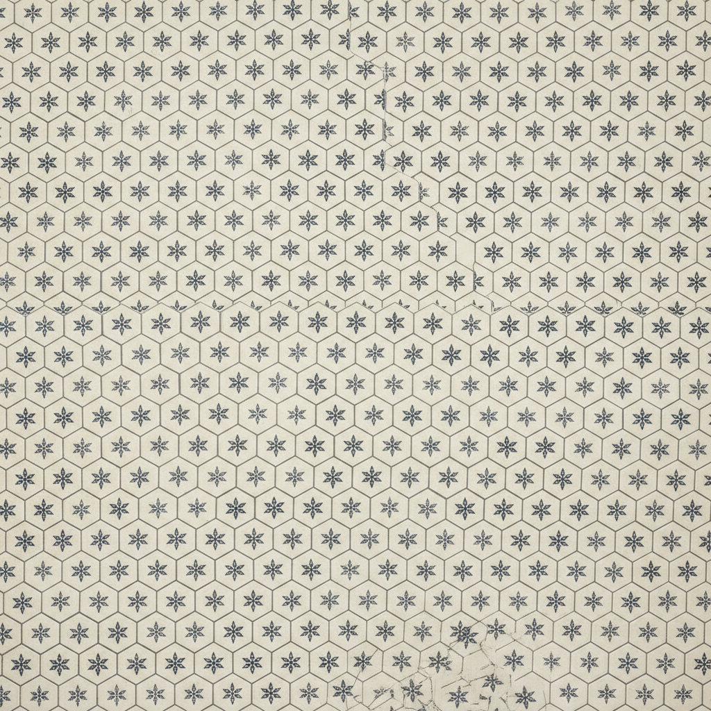 A hexagon floor in a small navy motif on a warm off-white body, printed the way an old bathroom would have been. It reads beautifully at a glance and falls apart as a setting-out plan the moment you look for the grid. Run your eye across the upper third and the hexagons are visibly larger than the ones below them, with a seam where one scale stops and another starts, so this is not one floor at one tile size but two pretending to be. The grout came back as a dark hairline rather than the pale grey that was asked for, and the bottom right corner has crazed into cracks nobody requested. A convincing texture, not a layout