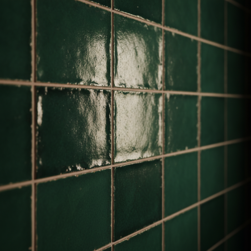 Deep emerald handmade-look wall tiles raking away from the camera under low side light, with the gloss pooling in patches exactly as a thick glaze does. The finish is the success here and the shape is the failure. Zellige is defined by its irregularity — wavy edges, no two tiles the same, joints that wander — and the brief asked for that in as many words. What arrived is a machine-straight grid with painterly variation printed onto it, which is a different product entirely. The sandy grout is coarse and slightly crumbling in places, and the bright window reflection sitting across the middle tiles is a free reminder that a gloss glaze shows you the room, including the light you were not planning on