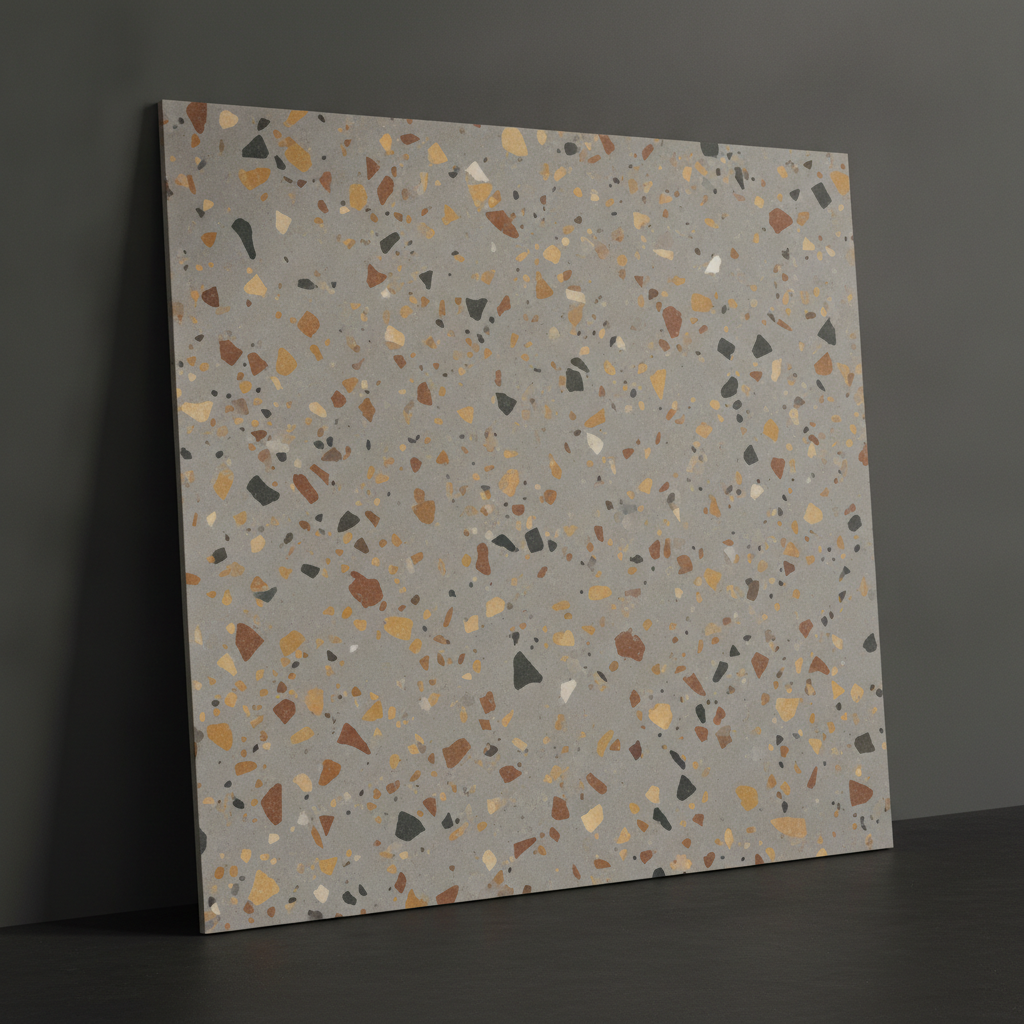 A large terrazzo-look porcelain slab leaning against a dark charcoal wall, chips of ochre, rust and black scattered through a warm grey body. The dark backdrop is doing real work: pale tile photographed against a pale wall disappears, and naming a dark value is the reliable fix. This is also the picture that shows what a tile render can never tell you, which is how big it is. Nothing in the frame sets a scale, so this could be a 30cm square or a 120cm slab, and the difference decides the substrate, the fixing, the number of joints and roughly half the cost. The cut edge facing the camera is drawn far thinner than porcelain of this size would be, and there is a small chip out of the top edge