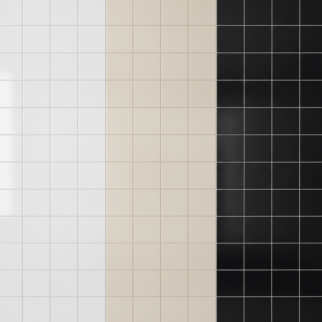 The grout test, delivered backwards, and the most useful mistake in the set. The brief pinned the tiles as identical white in all three bands and asked for one variable to change left to right: the grout colour, pale grey then beige then near-black. The model kept the grout white throughout and repainted the tiles instead — white, beige, black — so the variable moved from the joint to the thing either side of it. The comparison still teaches its lesson, just from the other end: the right-hand band is white grout on black tile, a bright grid drawn over the entire wall, and it is impossible to look at it and still believe grout is a construction detail rather than a design decision. A second attempt, with the tile colour pinned in capital letters, got two of the three bands right and inverted the third one again, so treat this comparison as a way to see contrast rather than a way to preview a specific grout