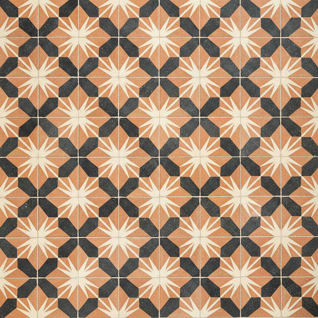 Encaustic cement floor tile in terracotta, ink black and chalk cream, shot from directly overhead, and the best picture on the page for one specific reason: the motif is not contained inside a tile. Each square carries a quarter of a star, and the star only exists once four tiles are laid together, which is the whole argument of this page in a single floor. Look closer and the limit appears too. Real encaustic tile is one unit repeated exactly, and here the stars are all slightly different — spoke lengths vary, some points are fatter than their neighbours, and the field never quite repeats. What the AI tile design generator has drawn is a photograph of a floor that looks like a repeat, not the repeating unit a factory would need