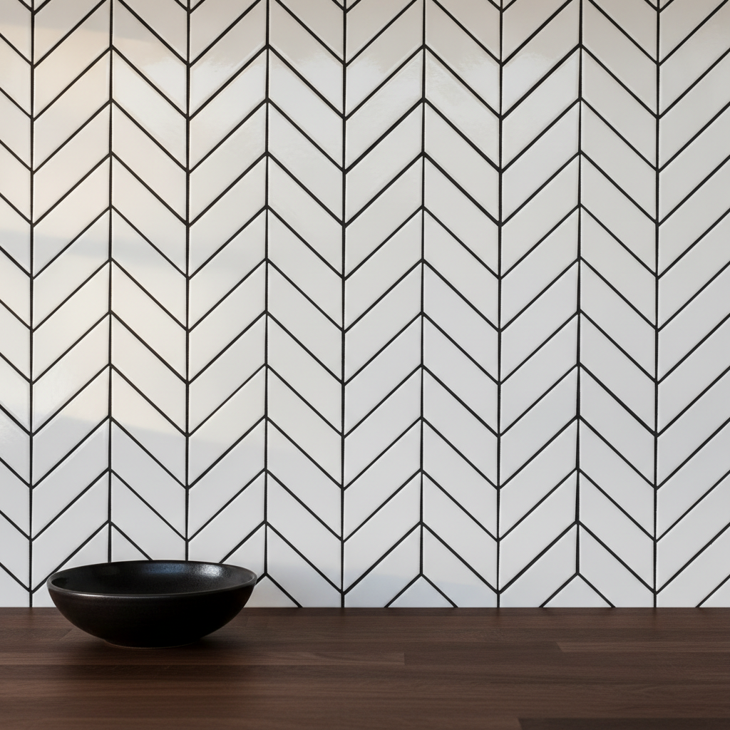 White gloss tiles in a black-grouted zig-zag above a walnut worktop, and two lessons in one picture. This is the second attempt. The first asked for exactly the same thing and returned a nearly white-on-white wall with thin mid-grey joints, because grout colour is the instruction this model drops most readily; saying near-black twice and specifying four-millimetre joints fixed it outright, and the field now reads the way a dark-grouted wall actually does. What the retry did not fix is the pattern name. This is chevron, not herringbone: the tiles are cut on an angle so they meet point to point in continuous columns, where a true herringbone is rectangular tiles meeting at ninety degrees. They look alike in a thumbnail, they are different products, and the cut ones cost more to buy and more to lay