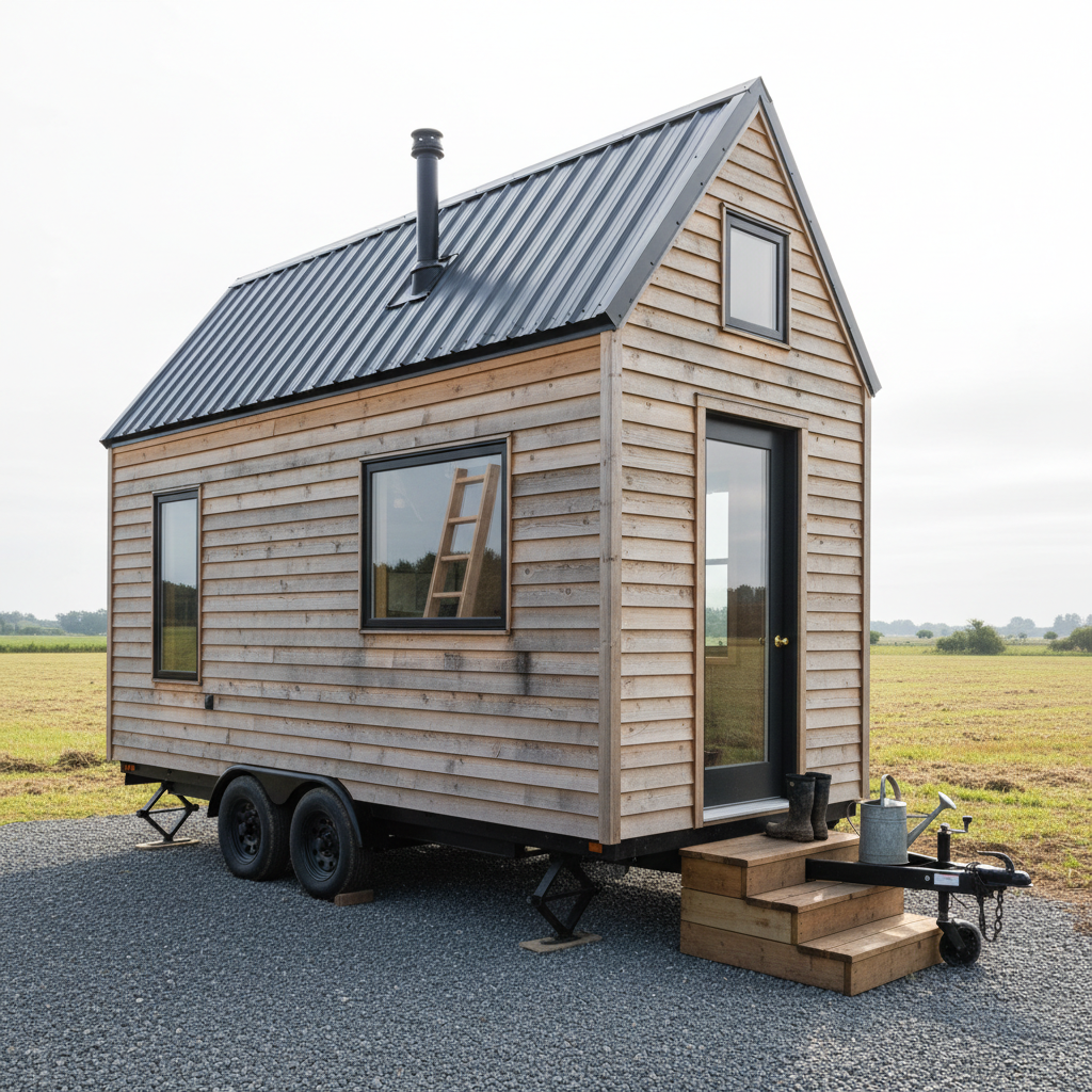 AI tiny house design generator result: a tiny house on wheels clad in silvered horizontal cedar boards under a steep dark grey standing-seam gable roof, sitting on a black tandem-axle trailer with drop-down stabiliser jacks, a hitch and jockey wheel, a glazed door in the gable end, timber steps to the gravel and muddy boots on the top step.