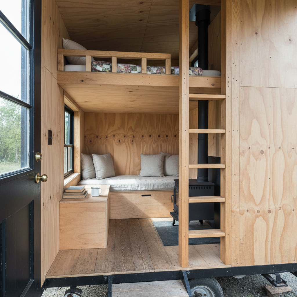 AI tiny house design generator result: a birch plywood tiny house interior with a sleeping loft on timber joists, a guard rail and quilt, a fixed ladder to the loft, a black woodstove with a straight flue, a linen window seat built over drawers and an enamel mug on the ledge, shown with the front wall removed and the trailer wheels visible below.