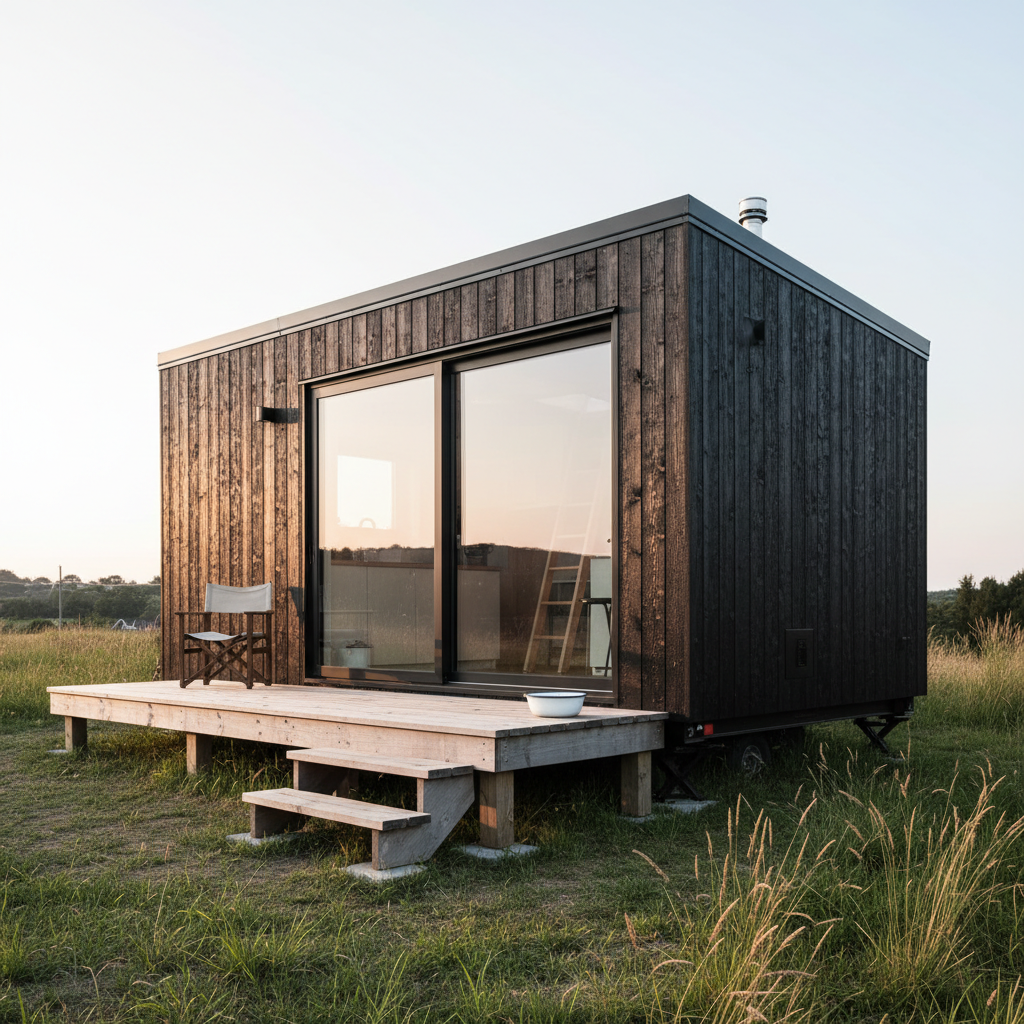 AI tiny house design generator result: a modern tiny house with charred black vertical timber on one elevation and silvered timber on the other, a shallow shed roof, a full-width sliding glass door, a weathered timber deck on stone pads with two steps to the grass, a canvas chair and an enamel bowl at golden hour.