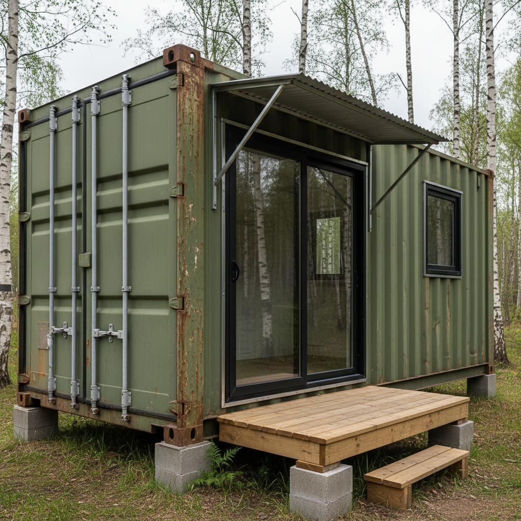 AI tiny house design generator result: a shipping container tiny home in faded olive green with rusted corner castings, standing on concrete block piers in a birch clearing, with a black-framed sliding glass door in a welded steel opening, a cantilevered corrugated canopy on bolted diagonal struts, the original steel doors and locking bars at the near end and a timber deck with a step to the ground.