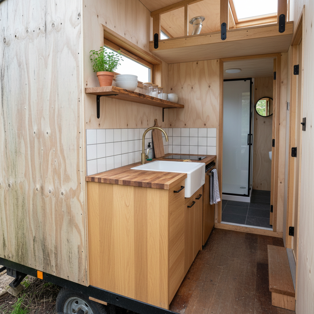 AI tiny house design generator result: a tiny house galley kitchen with oak-fronted cabinets, an end-grain butcher block worktop, a deep white enamel sink and slim brass tap, a white square tile splashback, an open timber shelf on black steel brackets with plain bowls and jars, and a slate-floored wet room with a glass shower and round mirror beyond.