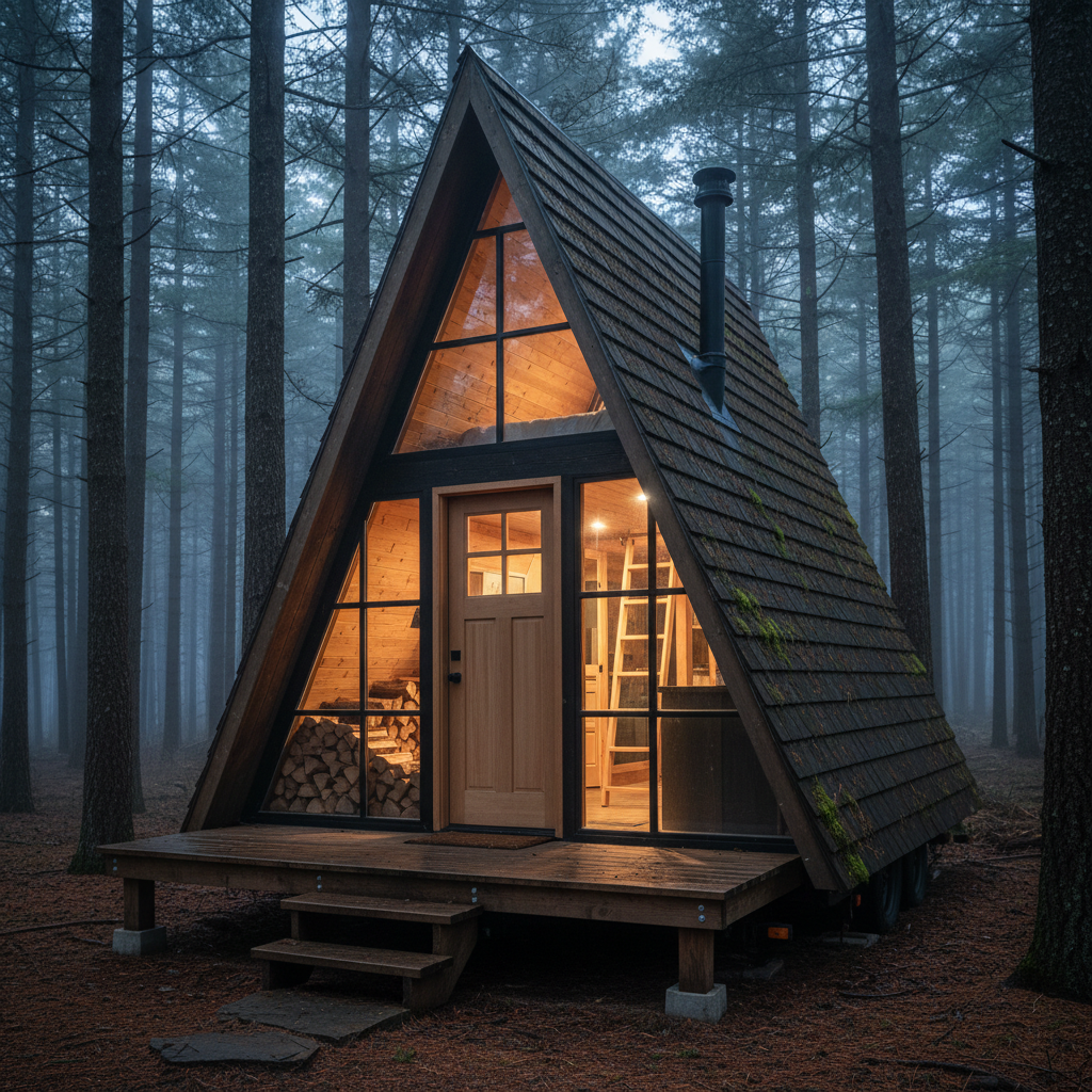 AI tiny house design generator result: an A-frame tiny cabin in a misty pine forest at blue dusk, its shingled roof planes running to the ground with moss in the lower courses, a fully glazed gable end with a timber door, warm light spilling onto the pine needles, a timber deck on posts and concrete pads and a black flue through the roof slope.