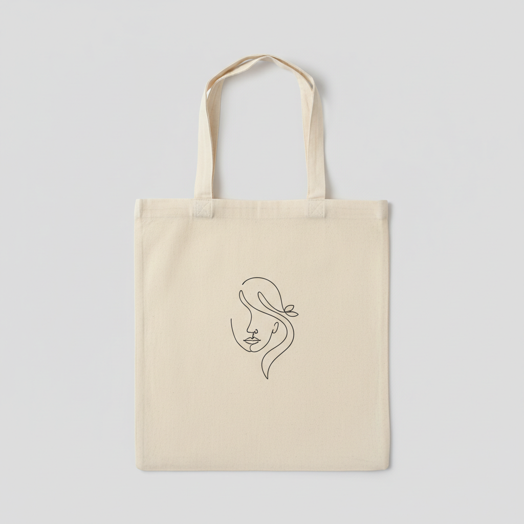 AI tote bag design generator result: a natural cream canvas tote bag with a minimalist single continuous line drawing of a face in profile with flowing hair curving into a small leaf, printed in fine dark ink on the front panel
