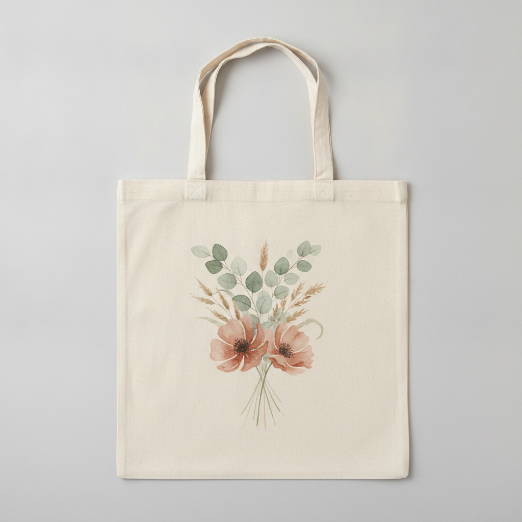 Botanical watercolour tote bag design made with AI: a cream canvas tote with a loose bouquet of eucalyptus sprigs, dried grasses and two open terracotta poppies in soft sage and ochre washes