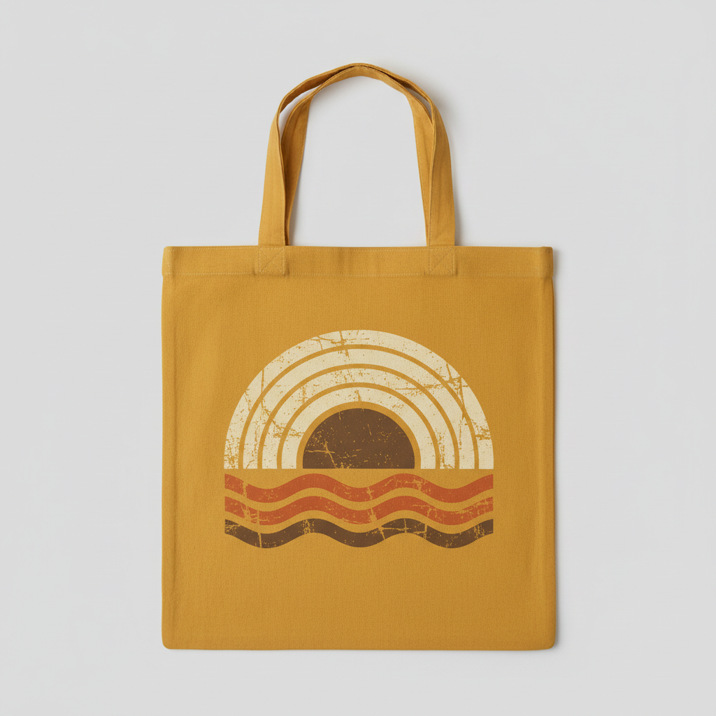 Vintage retro tote bag design from the AI tote bag design generator: a mustard yellow canvas tote with concentric 1970s sun arcs and stacked waves in cream, burnt orange and deep brown with a distressed cracked ink texture