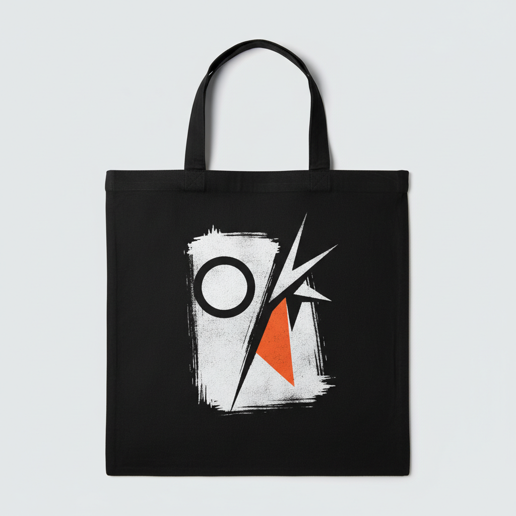 Bold screen print tote bag design generated with AI: a black canvas tote with a high-contrast abstract composition of thick chalk white brush strokes, a heavy ring and angular shards with a single vivid orange triangle