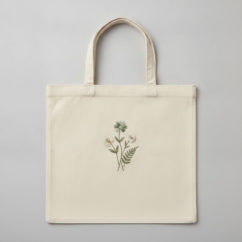 Embroidery-look tote bag design from the AI tote bag design generator: a cream canvas tote with a small delicate wildflower and fern motif stitched in tonal sage green and ivory thread with visible satin stitches