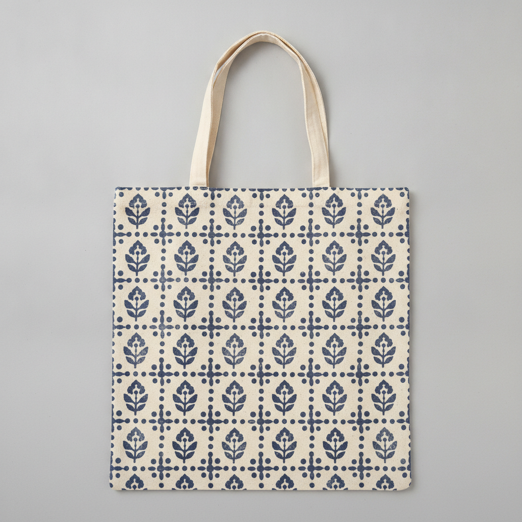 All-over block print tote bag design made with AI: a cream canvas tote covered edge to edge in a hand-carved indigo folk repeat of small stylised leaves, dots and diamonds with uneven hand-printed ink density