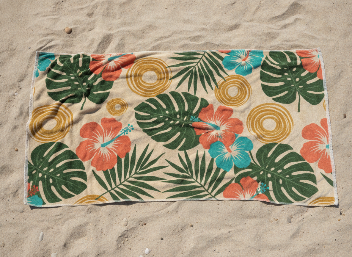 AI towel design generator result: a large beach towel laid flat on sand, printed edge to edge with oversized monstera and palm leaves, coral and turquoise hibiscus blooms and concentric mustard rings on a cream ground