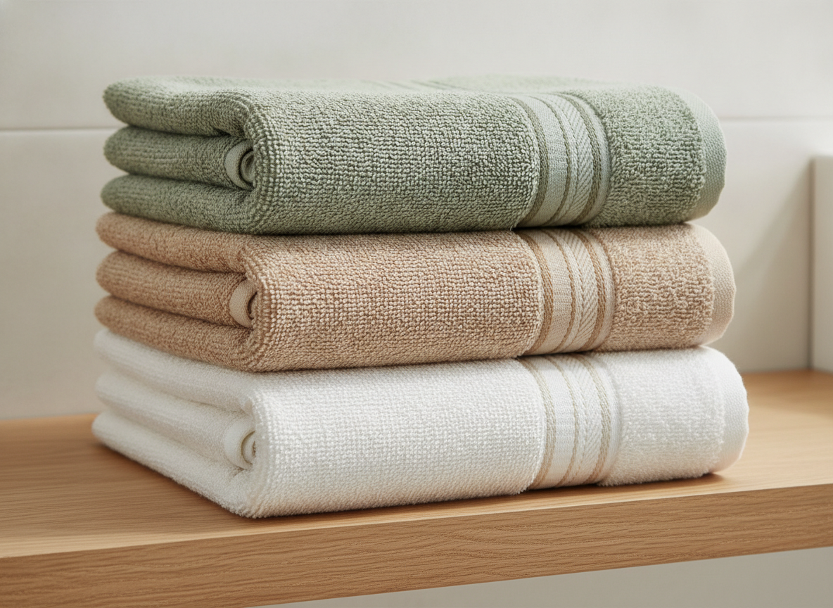 Bath towel set designed with AI: folded cotton terry towels in sage green, warm sand and chalk white stacked on a pale oak shelf, each with a flat woven dobby border band of fine ribbed stripes near the hem