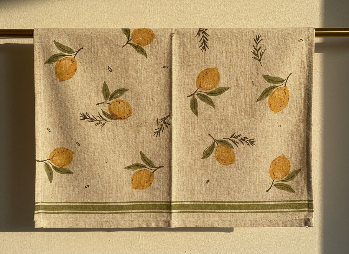 Tea towel design from the AI towel design generator: a flat-weave cotton kitchen towel hanging open over a brass rail, printed with loose hand-drawn lemons and rosemary sprigs in ochre and olive on an oatmeal ground, with olive stripes above the hem