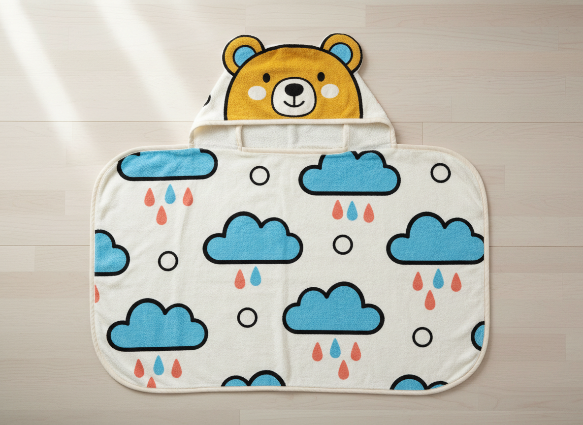 Kids hooded towel design made with AI: a childrens terry towel laid flat with a friendly mustard bear face on the hood and a chunky outlined print of blue clouds and coral raindrops on a cream ground