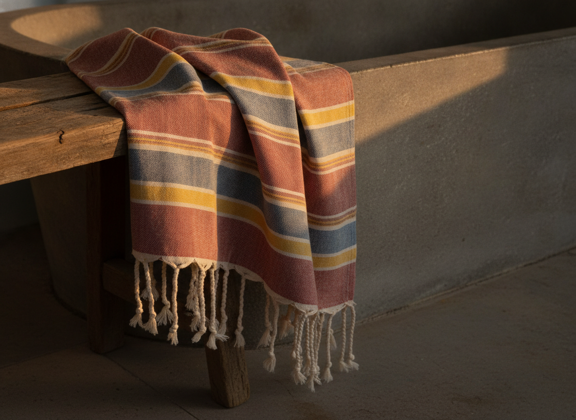 Turkish peshtemal hammam towel design from the AI towel design generator: a flat-weave cotton cloth with unevenly grouped yarn-dyed stripes in terracotta, faded indigo and ochre, finished with hand-knotted fringe