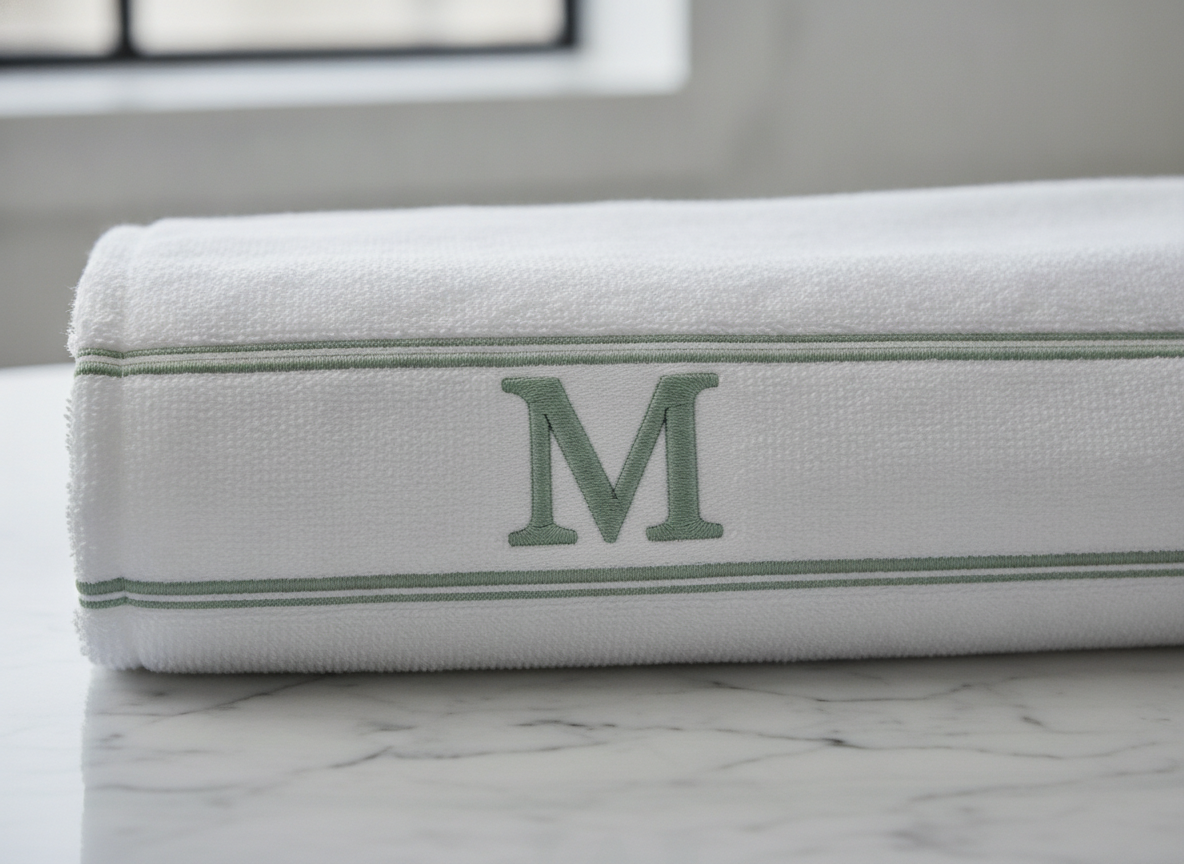 Monogrammed bath towel design made with AI: a plush white cotton terry towel with a single embroidered capital initial in dusty sage satin stitch on the flat woven hem band