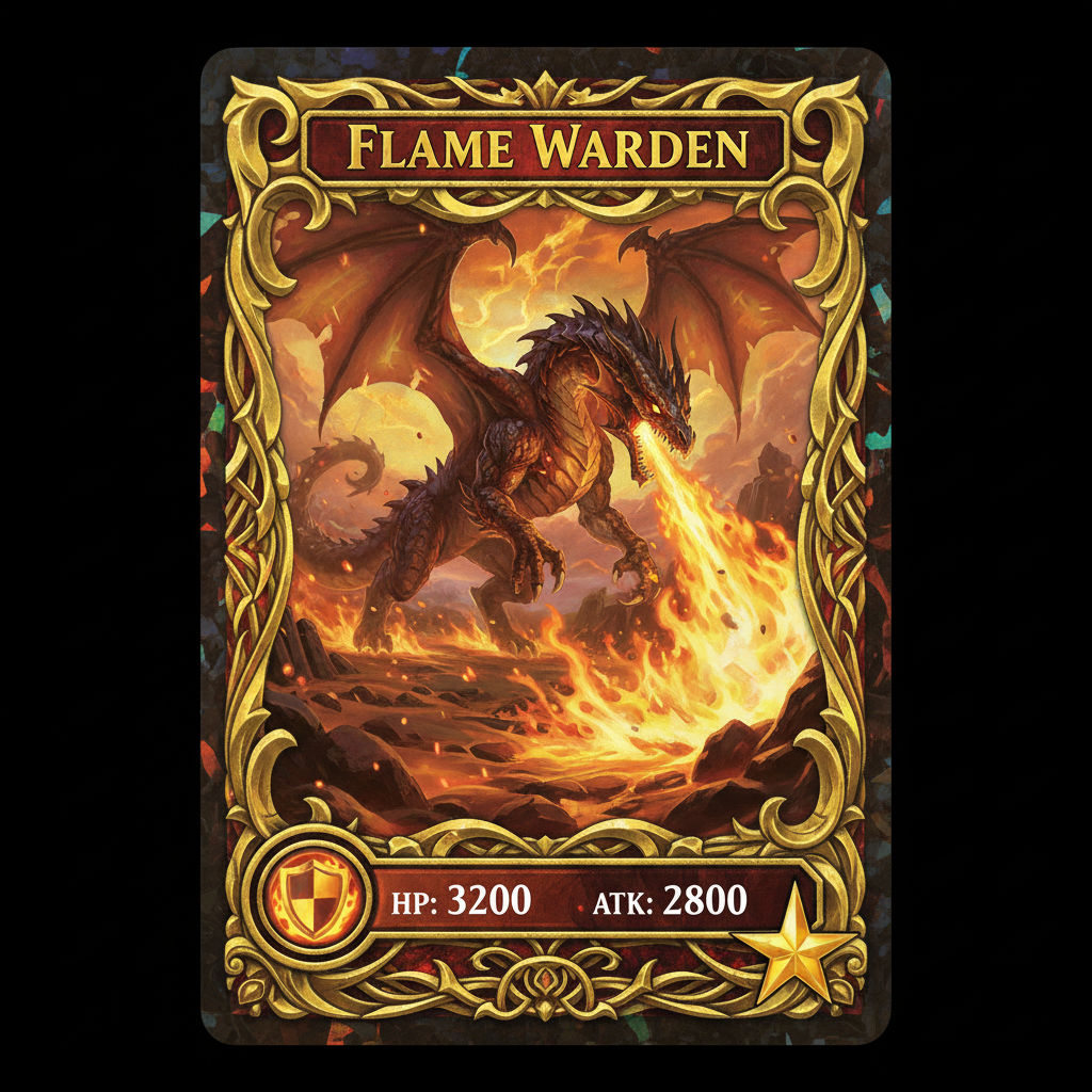 AI trading card generator result showing a holographic fire dragon collectible card with an ornate gold frame and crisp printed name and stats