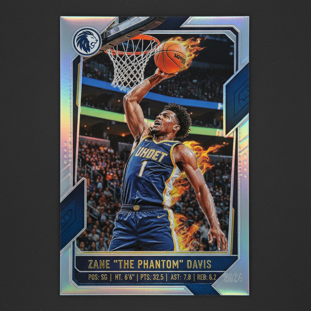 AI trading card generator result showing a sports trading card of a basketball player mid dunk with a chrome refractor border and printed stats